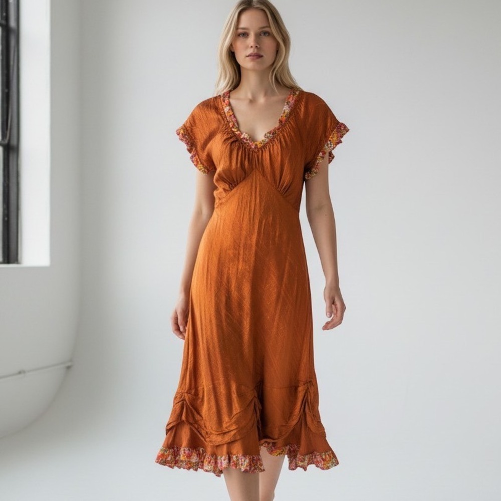 COWGIRLS MARRIKA NAKK Womens Orange Ruffled Tie Back Midi Dress OS Boho Gypsy